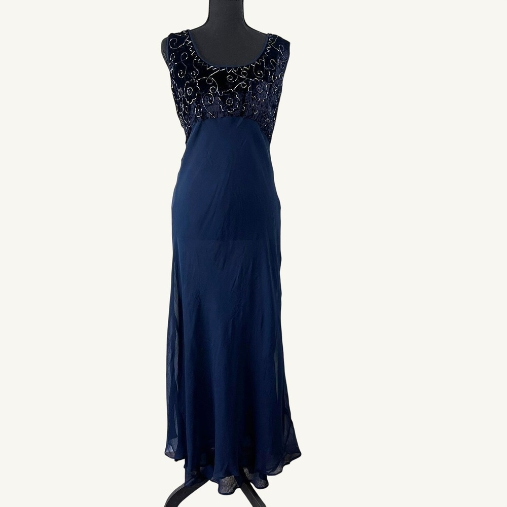 Vtg Navy Blue Velvet Beaded Bias Cut Maxi Dress L Empire Gown Whimsigoth Glam